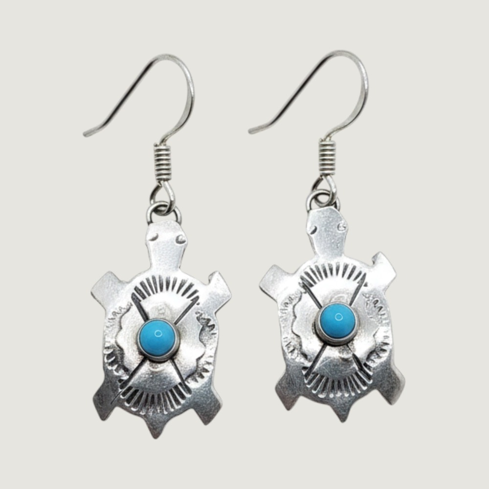 Vintage Sterling Silver Turquoise Turtle Dangle Earrings Boho Southwestern 925
